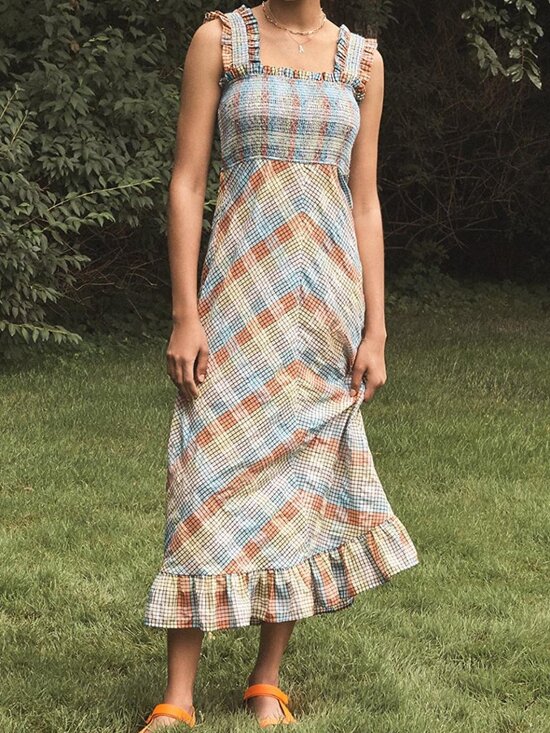 🌈NWT GANNI Multi-Color Seersucker Check Smocked Long Dress Size EU 38, 40 $285 - Picture 2 of 16